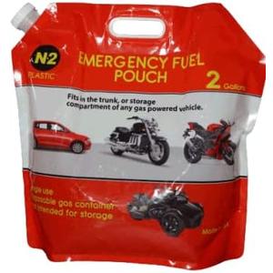 2 Gallon Gas Pouch (Foldable-Expandable gas pouch, holds 2 Gallons of gas) fits in the palm of your hand. Fits in the storage compartment of a motorcycle or glove box of a car.