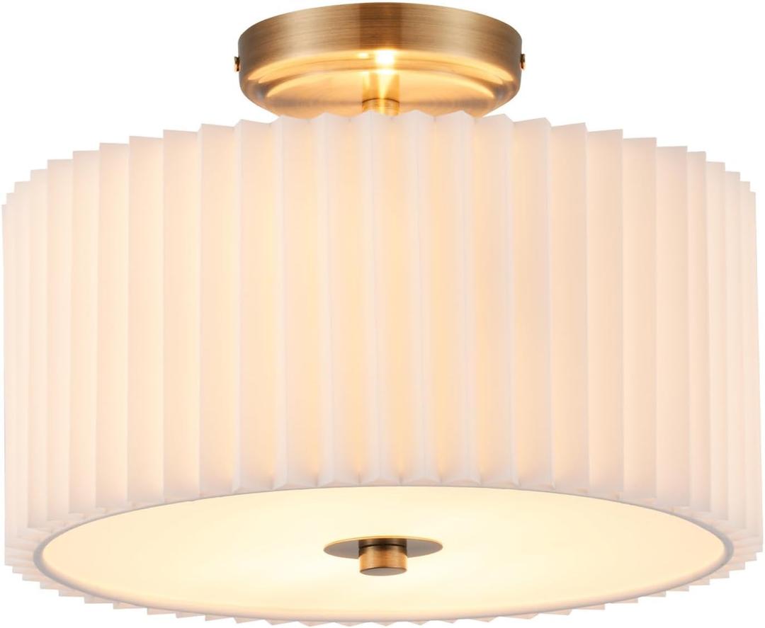 VONLUCE Semi Flush Mount Ceiling Light, 12.2'' Ceiling Light Fixture with Pleated Shade, 2-Light Modern Drum Light Fixture for Bedroom Living Room Entryway Hallway, White Shade & Bronze Finish
