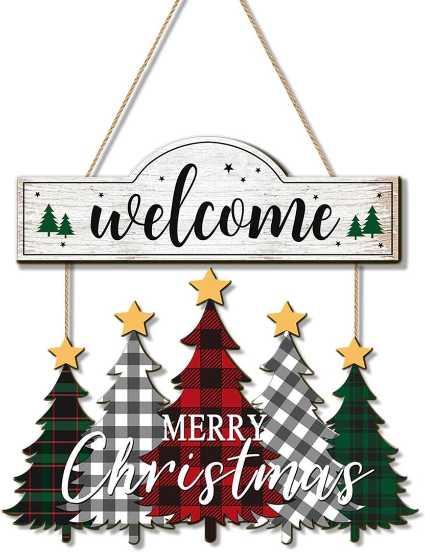 Merry Christmas Wreaths for Front Door Wood Tree Welcome Hanging Sign Xmas Wall Decor for Indoor Outdoor Home Holiday Porch Decorrations
