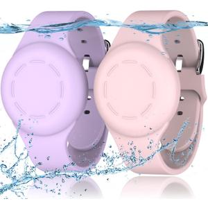 R-fun Waterproof for Air Tag Bracelets [2 Pack] Compatible with Apple Air Tag Finders with Soft Silicone,Anti Lost GPS Item Finders Case Cover,Pink/Light Purple