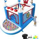 Kids Bounce House with Ball Pit, Basketball Hoop, Target Game and Ring Toss Game PVC Jumping Castle with Electric Air Pump 98x 70x 65 Trampoline for Ages 3-8 Indoor or Outdoor Play