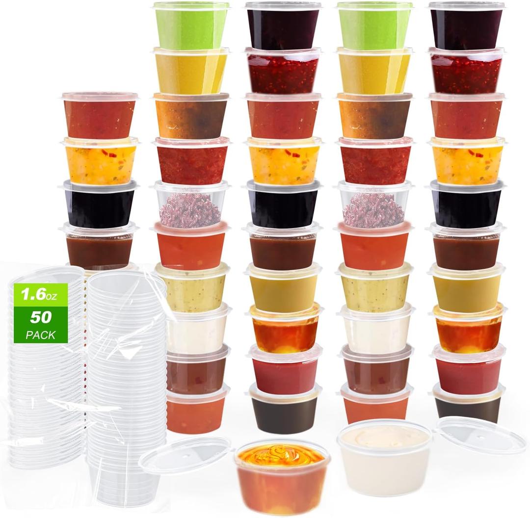 50 Pcs Condiment Containers with Lids, Disposable Small Snack Containers,Portion Cups Reusable PlasticSalad Dressing Container for Leakproof to go Sauce, Sampling, Travel Snack (1.7 OZ)