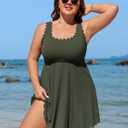 Charmo Women Plus Size Swim Dress Scalloped Square Neck One Piece Swimsuit Tummy Control Bathing Suit Rushed Swim Suits 2026 (2X, Green)