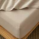 MooMee Fitted Bottom Sheet Only 100% Washed Cotton Linen Like Textured Breathable Durable Soft Comfy Deep Pocket Fits Mattress up to 17" (Taupe, Twin)