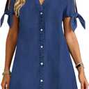 Denim Dress for Women 2026 Summer Casual Cowgirl Blue Jean Dress Tied Sleeves Button Down Shirt Dresses with Pockets, M