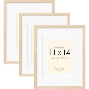 11x14 Picture Frames Matted for 8x10 and 6x8 Picture, Set of 3 Solid Wood Picture Frame with Tempered Real Glass, Wall Gallery Frame Set for Tabletop or Wall Mounting Display (3 Pack of Oak)