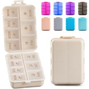NEW Foldable & Double Protection Portable Weekly Pill Organizer 2 Times A Day with Etched Labels, AM PM 7 Day Week Medicine Box, Daily Travel Pill Case Holder Dispenser for Vitamin, Supplement - Khaki