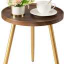 Danpinera Round Side Table, Metal Legged Accent Table with Wooden Tray, Small Round End Table for Living Room, Bedroom, Nursery, Brown & Gold, Round, 14.96-inch Diameter