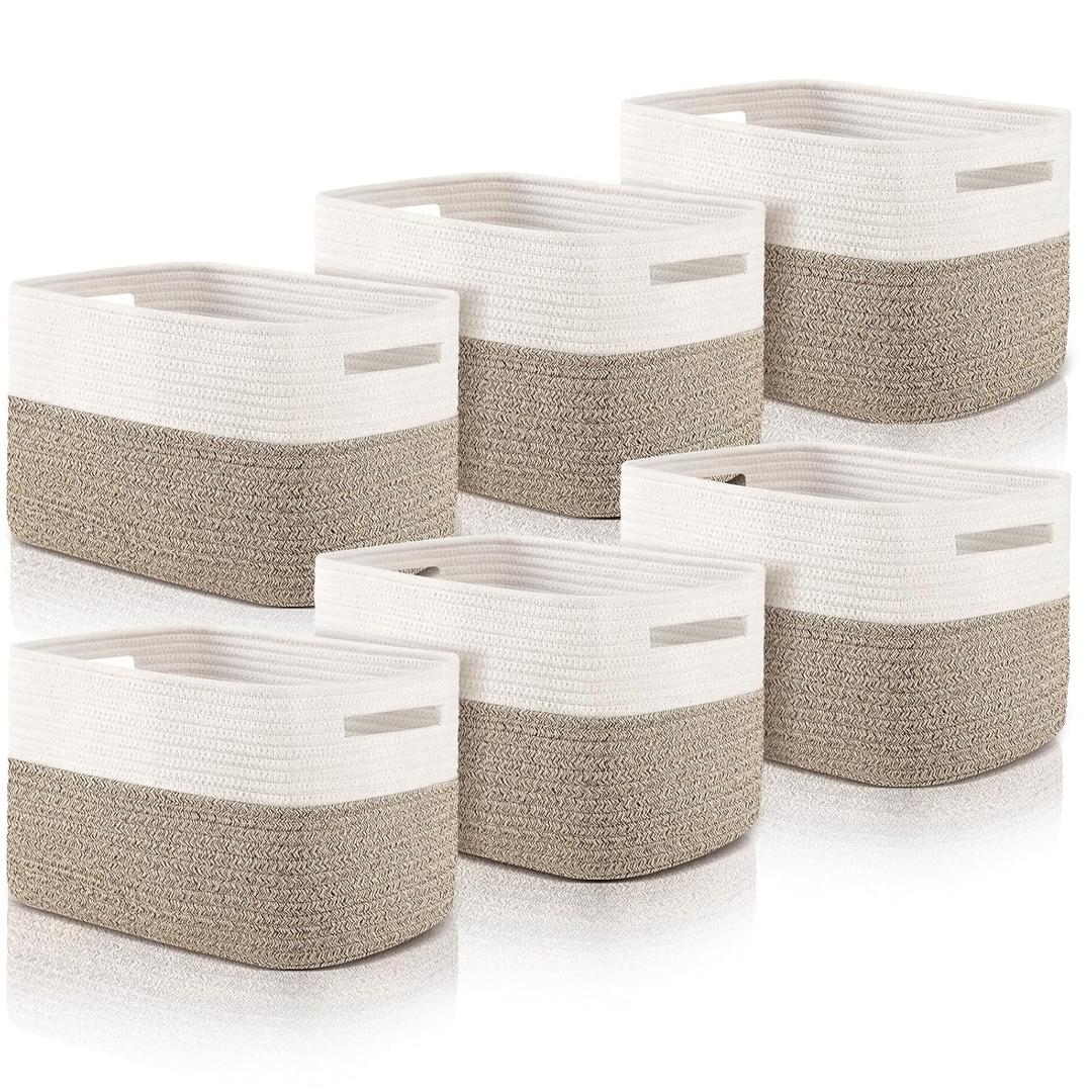 Geetery 6 Pack Storage Baskets for Organizing 14.8'' x 9.8'' x 8.9'' Woven Basket for Storage Cotton Rope Organizer Bins with Handle for Gifting Nursery Classroom Playroom(Light Brown)