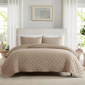 WDCOZY Beige Cloud Quilt Queen Size Bedding Set with Pillow Sham, Tan Puffy Cozy Lightweight Bedspread Coverlet, Taupe Camel Soft Cute Bed Cover for All Season - 3 Pieces, 90x90 inches