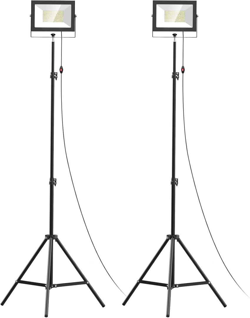 LIVOWALNY 2PCS LED Work Lights with Stand, 110W 11000 Lumens Portable Tripod Light with 13FT Cord, IP65 Waterproof Adjustable Head Tower Flood Light for Job Site Workshop Garage Construction Lighting