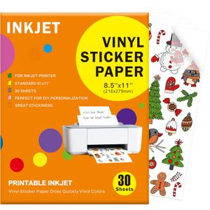 30 Sheets Premium Printable Vinyl Sticker Paper Clear - 8.5x11" for Inkjet Printers, Waterproof Tear Resistant, Dries Quickly, Vivid Colors, Easy to Cut for Cutting Machines, DIY Self-Adhesive Labels