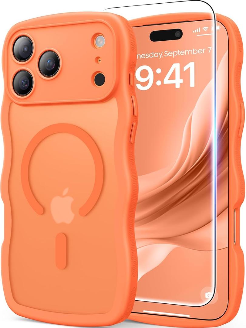 3 in 1 Magnetic for iPhone 17 Pro Max Case, Cute Wavy [Full Camera Protection][Fit for MagSafe] 1X Screen Protector+1X Wrist Strap, Anti-Slip Trendy Women Girly Case for iPhone 17 Pro Max 6.9", Orange