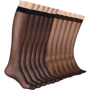 12 Pairs Knee High Stockings for Women, 20 Denier Sheer Nylon Socks for Women (Black)