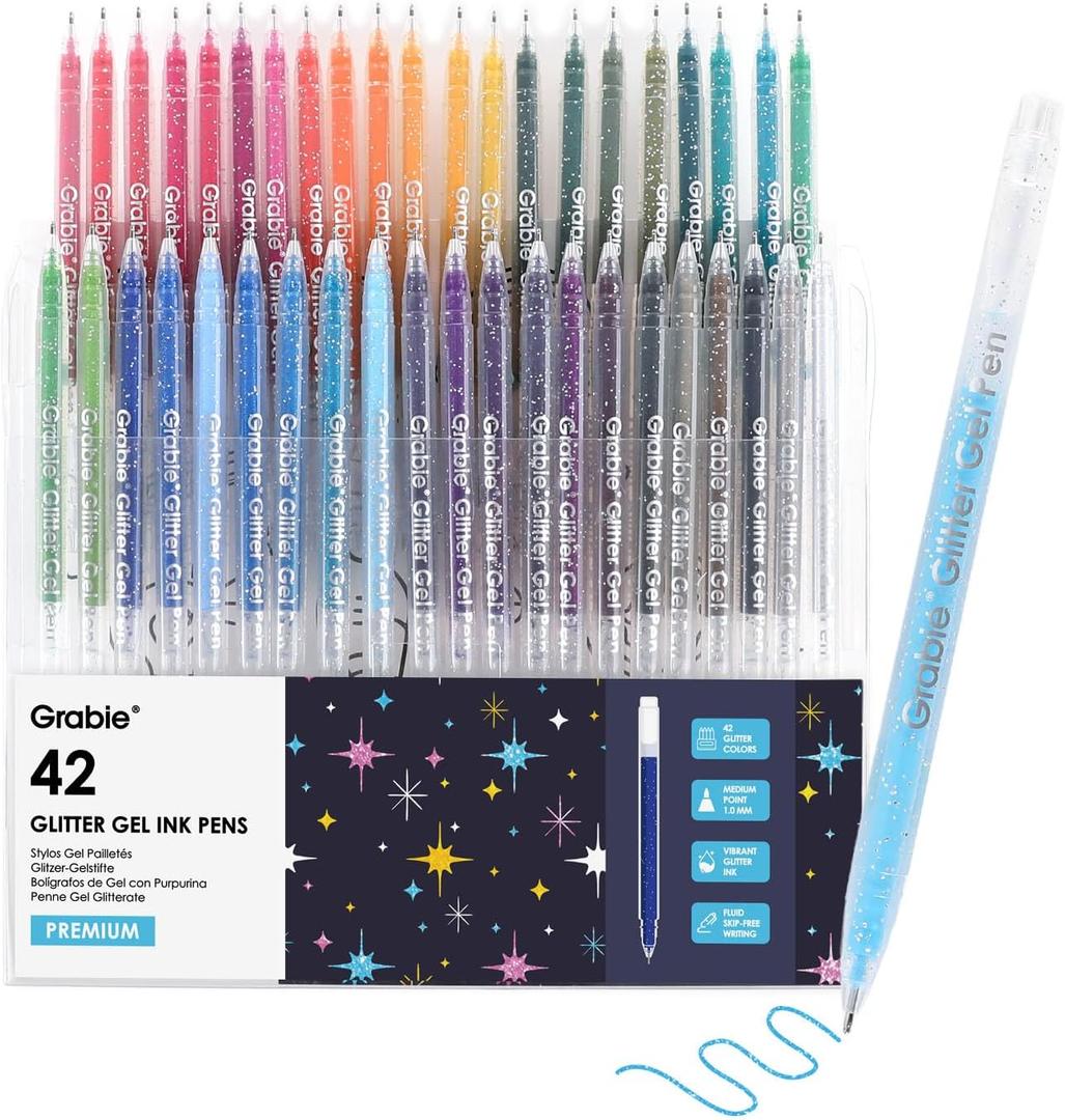 Grabie 42 Capped Glitter Gel Pen Set, 18 Iridescent&24 Essential Color Pens, Smooth Rollerball Tip, Metallic Sparkly Gel Pens for Coloring, Set of 42 Gel Pens Colored