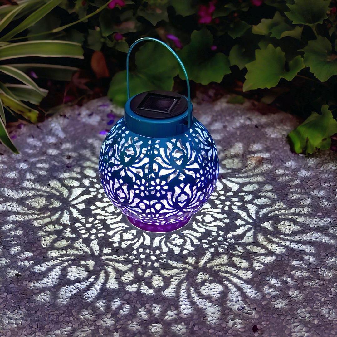 Outdoor Solar Hanging Lantern Lights Metal LED Decorative Lamp for Garden Patio Courtyard Lawn and Table with Hollowed-Out Design (Royal Purple)