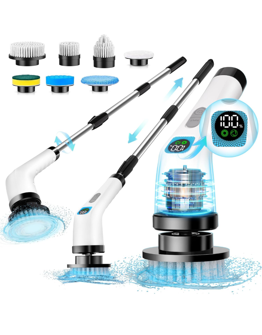 Electric Spin Scrubber for Cleaning - Bathroom Floor Shower Scrubber with Long Handle Cordless Handheld Power Spin Brush, IPX7 7in1 400RPM LED-Screen Fast Charging