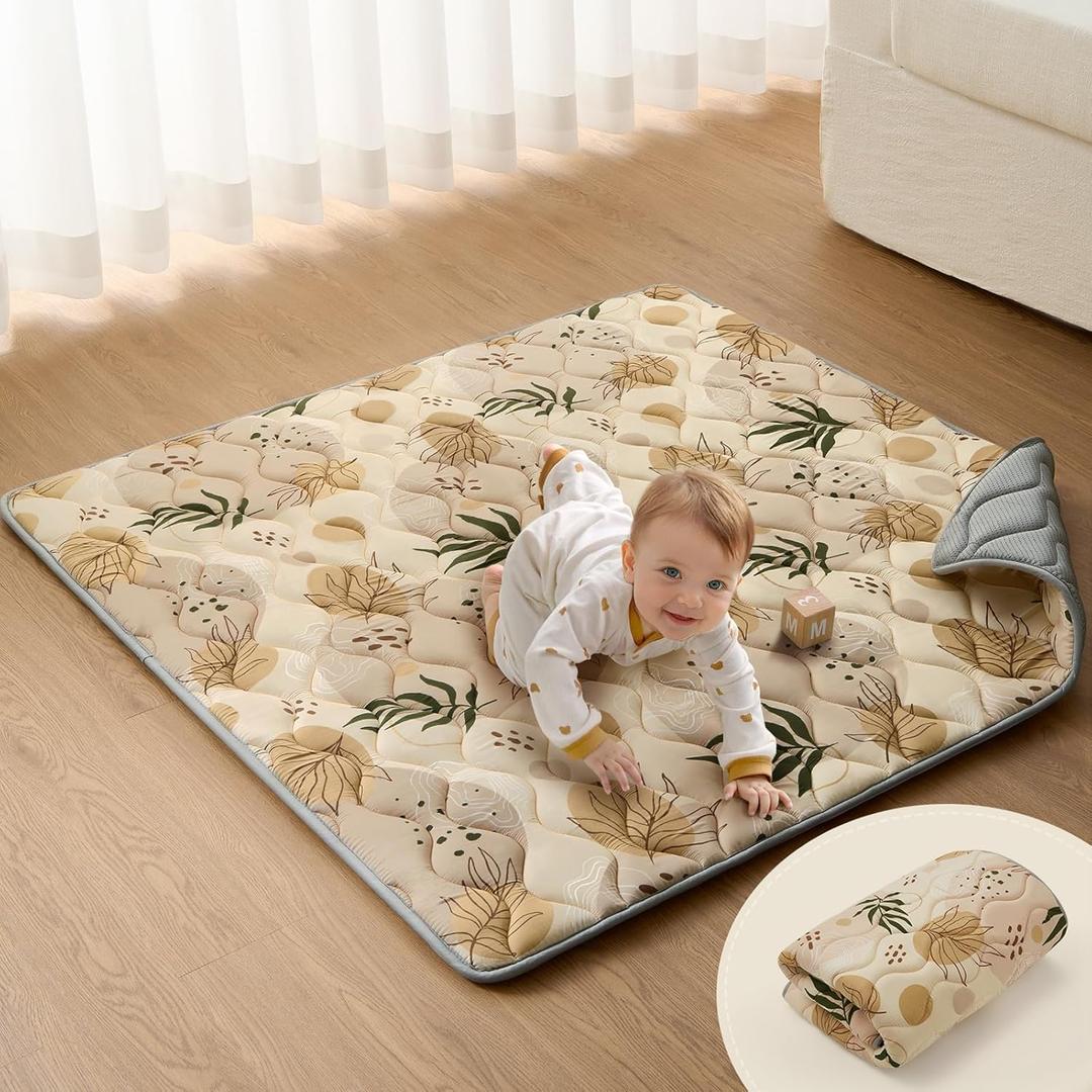 Blissful Diary Portable Baby Play Mats for Floor, Thick Cushioned Foldable Baby Crawling Mat for Indoor Outdoor, Non-Slip & Washable Kids Playmat for Tummy Time Activity, Earth Tones 43" X 43"