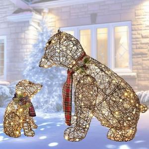 Hoyechi Rattan Polar Bear Family 2PCS - Large All-Weather Light Up Outdoor Christmas Décor for Front Yard and Lawn with 140 LED Lights, Zip Ties, Extension Cord, and Ground Stakes
