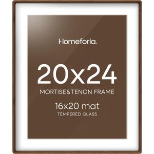 Homeforia 20x24 Frame Brown Wood, Mortise & Tenon Walnut 20 x 24 Picture Frames with Mat 16 x 20 for Wall, 24x20 Dark Wooden Poster Frame Matted to 16x20 inch Photo, Tempered Glass, Wall Kit, Set of 1