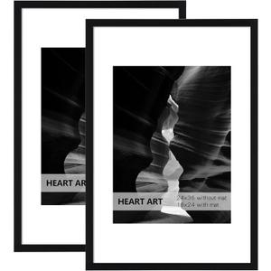 HEART ART 24x36 Poster Frame with Mat, Black Picture Frame, Display Pictures 18x24 with Mat or 24 x 36 Without Mat, Poster Frames 24 x 36 inches for Wall Mounting, 2 Pack