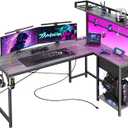 PRAISUN L Shaped Gaming Desk with Shelves, Corner Computer Table with LED Lights, Power Outlets and USB-C Ports, 50 Inch Reversible Home Office Desk with Storage Drawer, for Work and Study, Grey