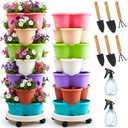 Umigy 2 Set Multicolor 7 Tier Stackable Vertical Planters with Removable Wheels and Tools Tower Planters Strawberry Herb Flower Vegetable Pots Indoor Outdoor Gardening Pots
