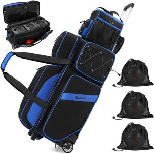 BOSSTIN 3-4 Ball Bowling Bags with Wheels, Secure Hook & Loop Fixed Ball Cup & Shoe Compartment (Fits Up to Size 16), Roller with Multi-Pockets (Blue)