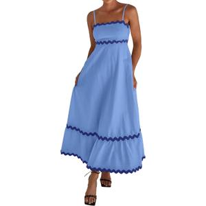 dowerme Women Summer Dresses 2026 Spaghetti Straps Sleeveless Smocked Rickrack Trim Boho Flowy Loose A-Line Midi Dress (Blue) S