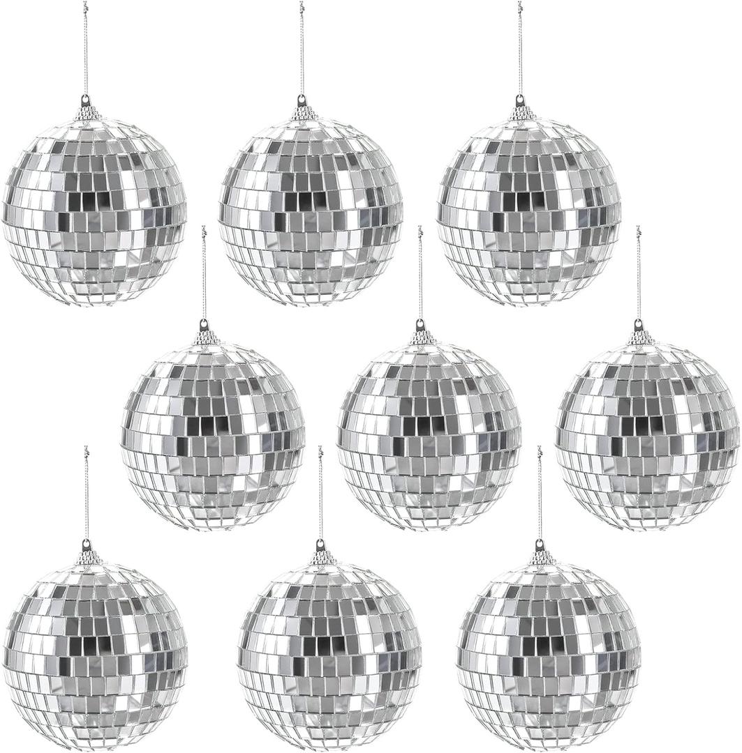 Suwimut 9 Pack Mirror Disco Ball, 4 Inch Small Mirror Ball Ornaments Silver Hanging Disco Balls with Attached String for Reflect Light, Party Favor, Home Bands Decorations, Stage Props, Christmas