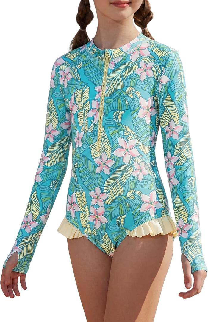 GRACE KARIN Girls One Piece Swimsuits Long Sleeve Bathing Suits Swimwear 5-14Y (7-8 Years, Light Green Floral)