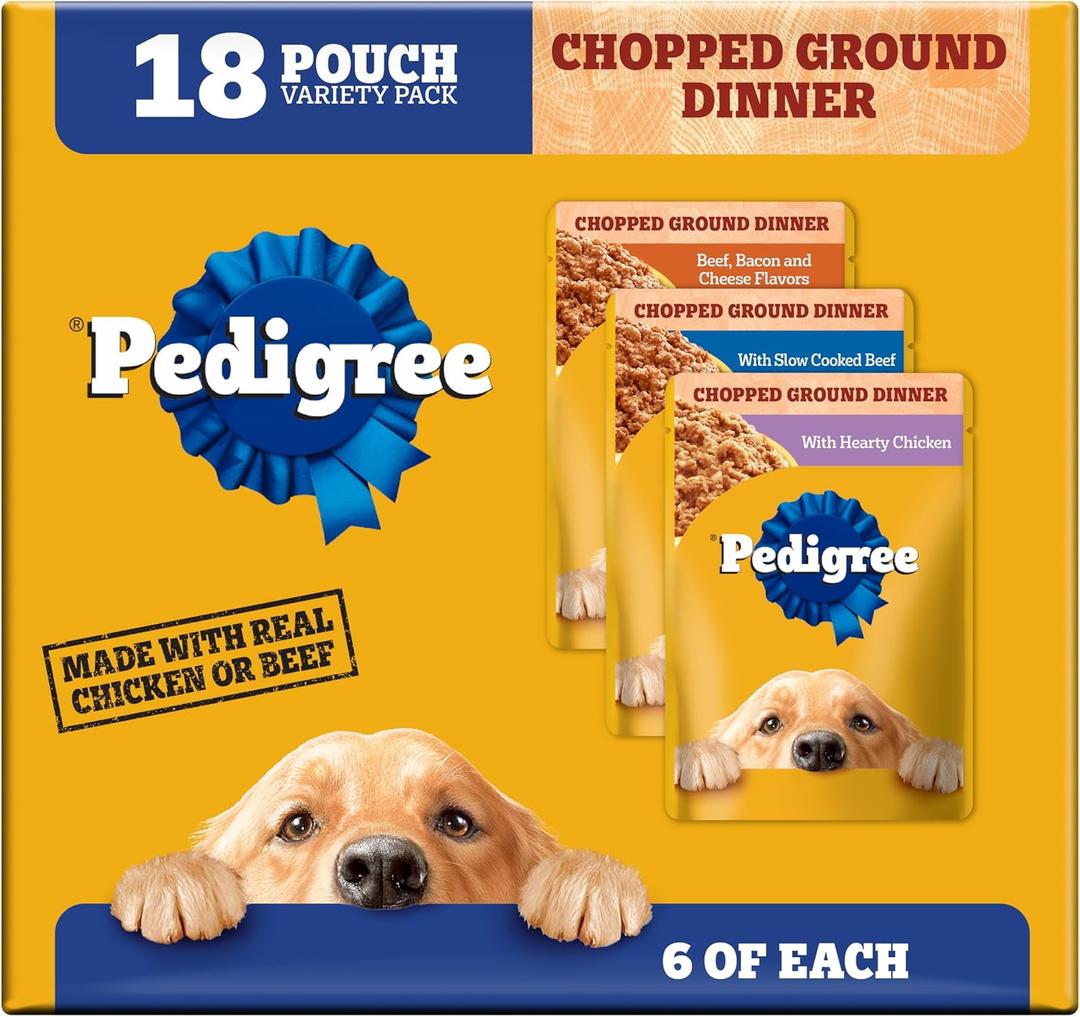 Pedigree Chopped Ground Dinner Adult Wet Dog Food Cheese Variety Pack, (18) 3.5 oz. Pouches