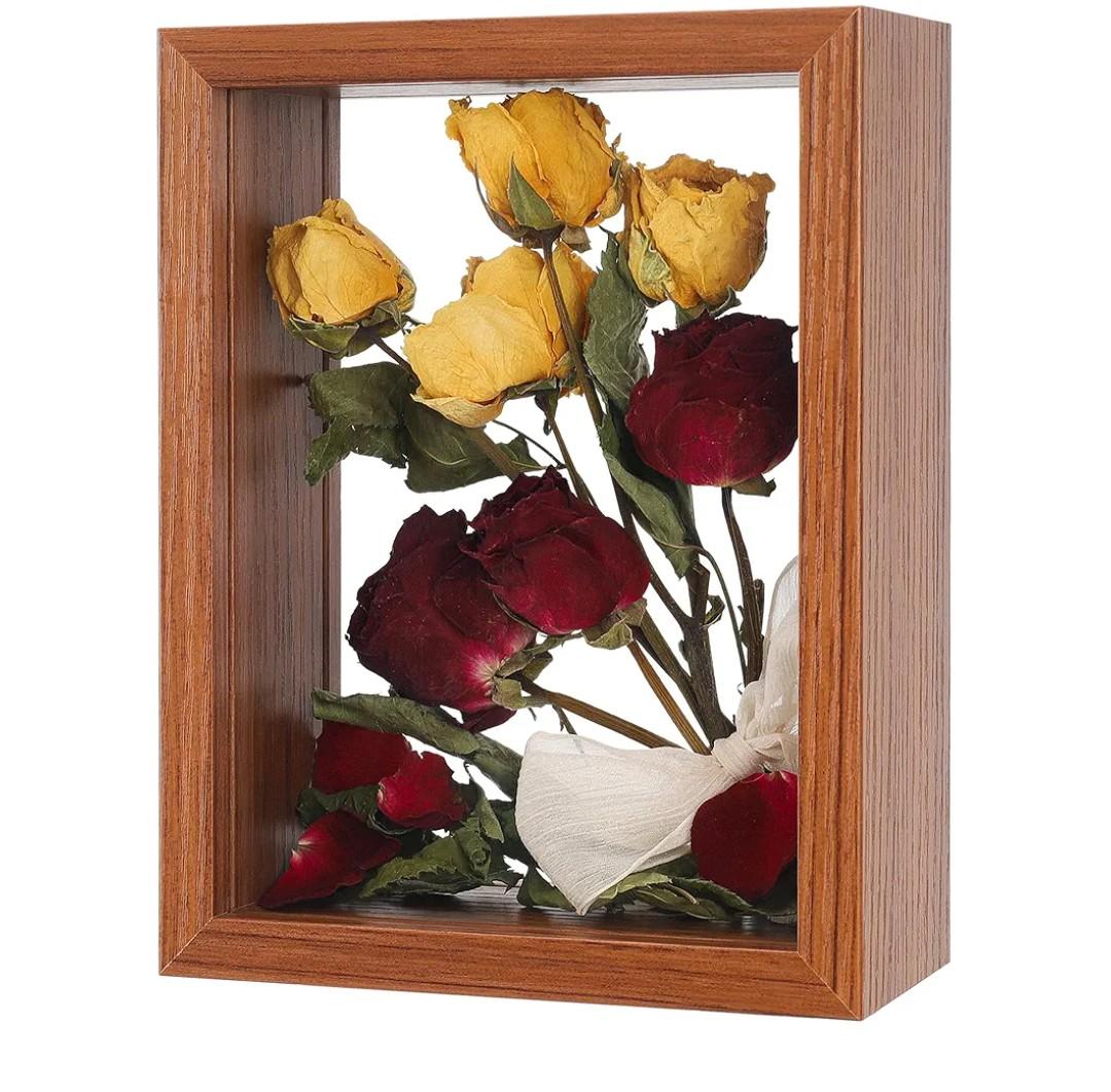 REDHUGO Wooden Dried Flower Frame, Floating Wood Shadow Box Frame for Pressed Flowers Double Acrylic Picture Frame Tabletop DIY Gifts for Family Friends Rectangle Dark Brown 10×12 inches (FRAME ONLY)