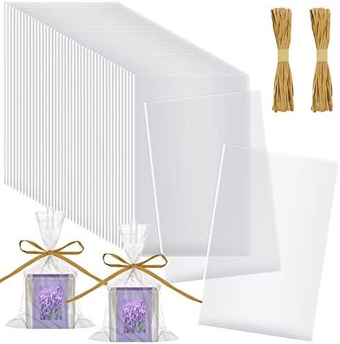 Tudomro 100 Pcs Clear Flat Cellophane Soap Bags for Packaging 5'' x 8'' Small Mini Soap Cookie Candy Wrappers Bags with Raffia Rope for Wedding Christmas Craft Gift Birthday Party Favor Supplies