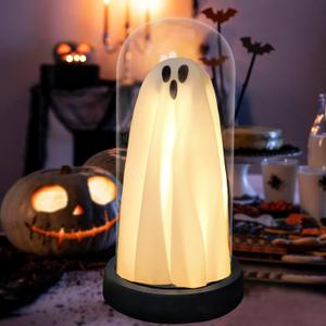 Halloween Ghost Decor Light - Halloween Decorations Indoor - Light Up Ghost in Glass Cloche, Cute Ghost Decor for Indoor Party Home Table Room Kitchen and Fireplace Decorations