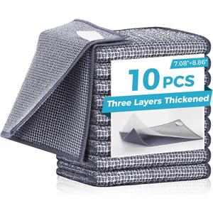 10 Pcs New Upgrade 3-Layer Non Scratch Wire Dishcloth,Wire Dishwashing Rag, Non-Scratch Wire Dishwashing Rags for Wet and Dry, Kitchen Cleaning Dish Rags for Cookware,Sinks, Dishes,Stove (7.08x8.86-10Pack, 10pcs Three-layer [Middle Clip Rag]