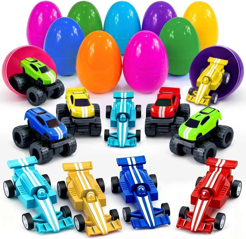 Stargo 24 Pack 3.2" Colorful Prefilled Easter Eggs bulk with Racing Mini Car Vehicles - Pull Back Cars | Plastic Easter Eggs Large for Easter Basket stuffers, Easter Gifts Party Favors Boy Goodie Bags