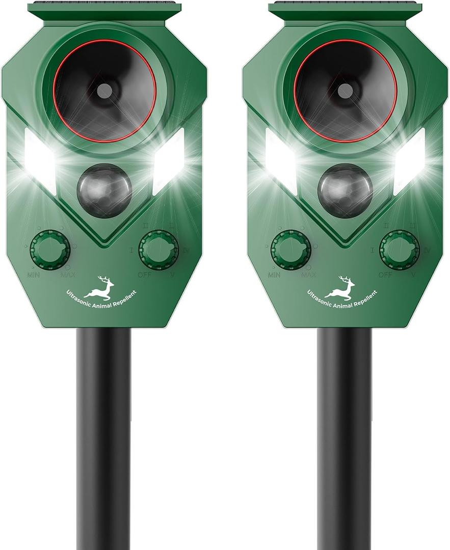 2 Pack of X-PEST Solar-Powered Ultrasonic Animal Repellent for Outdoor Yard, Waterproof Cat Deterrent with LED Flashing Lights and Motion Sensor,Effective to Repel Cats, Coyotes, Raccoons, and Deer