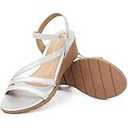 Goldnut Women's Wedge Sandals Dressy - White Crisscross Strappy Low Wedges for Women Comfortable Sandals for Casual Party Wedding Size 7.5