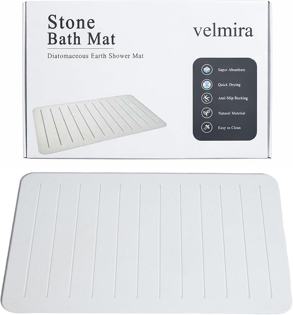 Stone Bath Mat, Quick Dry Shower Mat, Diatomaceous Earth Shower Mat, Non-Slip Hard Surface, Ultra Absorbent Bathroom Floor Mat for Tub, Entry, or Sink 23.5" x 15.4", Gray White(Line), 1'3" x 1'11"