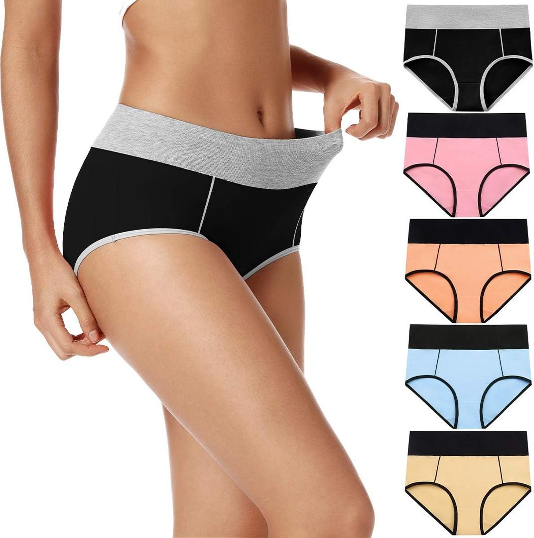 POKARLA Womens Cotton Underwear High Waist Full Coverage Briefs Soft Breathable Postpartum Panties Stretch Underpants (X-Small, Multicolored-01-5pack)
