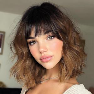Brown Bob Wig with Bangs Short Hair Wigs for Women Ombre Wig Wavy 14 Inches Synthetic Wig Cosplay Black to Brown Shoulder Length Wigs Natural Hair Replacement Wigs for Girls Holiday Daily Party Use