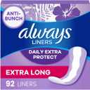 Always Anti-Bunch Xtra Protection, Panty Liners for Women, Light Absorbency, Extra Long Length, Leakguard + Rapiddry, Unsented, 92 Count