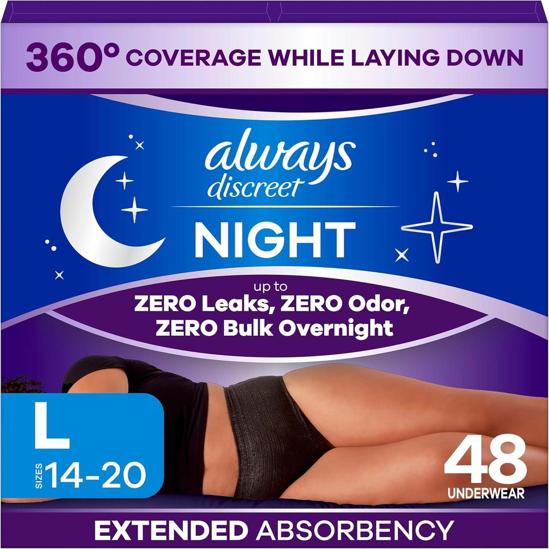 Always Discreet Night, Reimagined Adult Diapers for Women, Extended Overnight Absorbency Incontinence and Postpartum Underwear Size L, 360 Degree Coverage While Laying Down, 48 Count