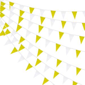 100 Feet Yellow & White Pennant Banner Flags String Hanging Yellow & White DIY Triangle Bunting Flags,Party Decorations for Grand Opening,Party Events Celebration,60 Pcs