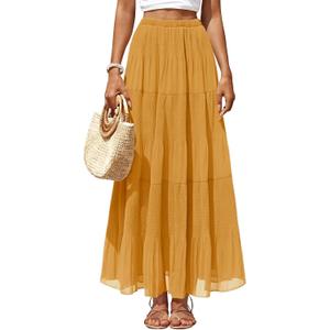 Women's Chiffon Pleated Maxi Skirt Elastic High Waisted Boho A-Line Fall Flowy White Long Skirts with Lining (Yellow, M)