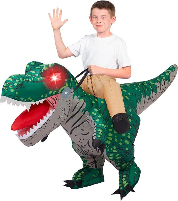 Spooktacular Creations Kids Halloween Inflatable Dinosaur Costumes, LED Eyes Riding T-rex Blow Up Costume for Halloween Party (Green)