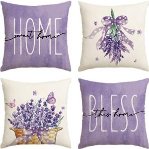 AVOIN colorlife Lavender Home Sweet Home Bless This Home Spring Throw Pillow Covers, 16 x 16 Inch Purple Cushion Case for Sofa Couch Set of 4