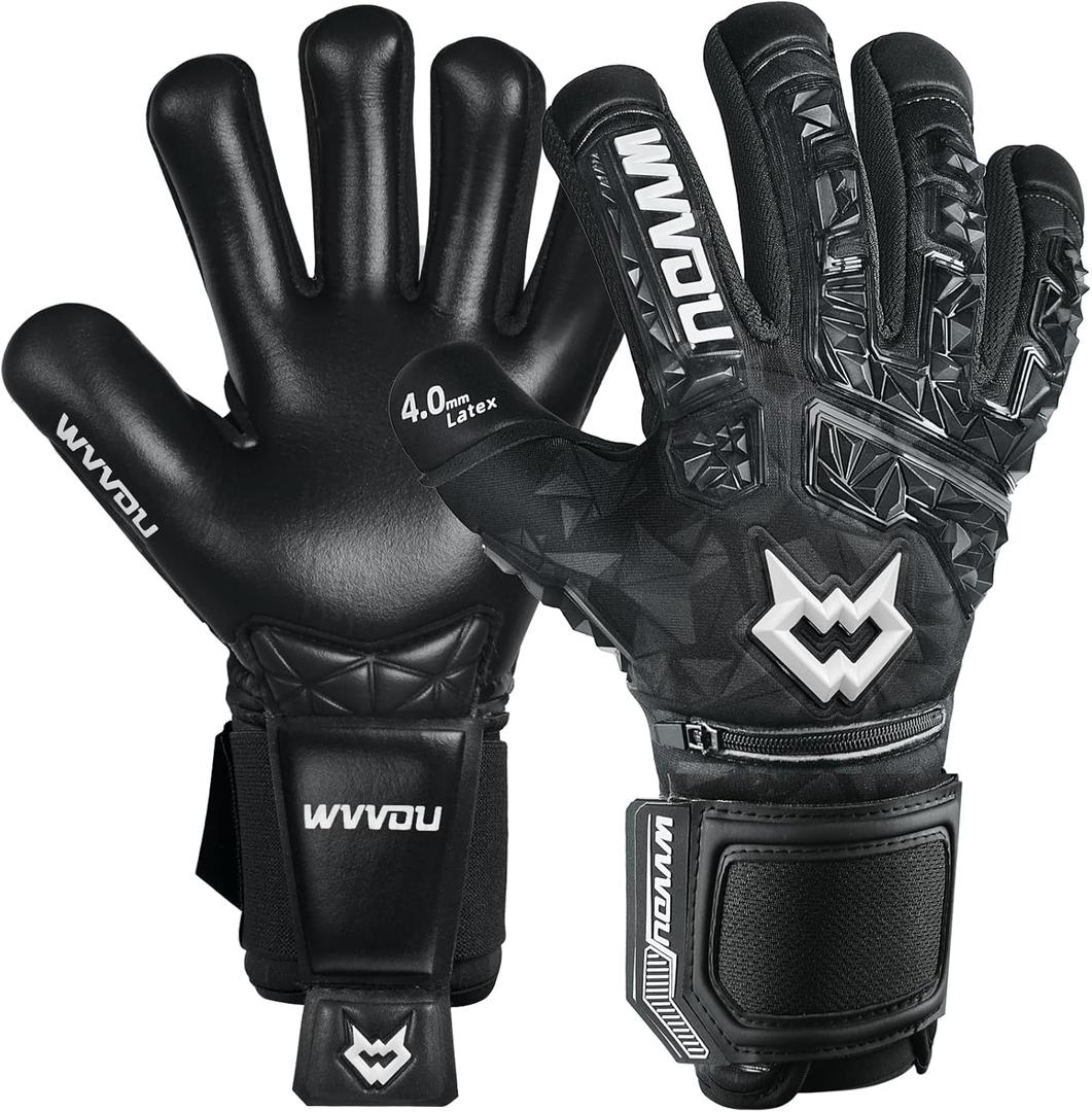 WVVOU Soccer Goalie Gloves for Adults and Youth, High Performance Goalkeeper Gloves with 5 Detachable Finger Saves, Soccer Gloves with 4mm Sticky Latex Palm (7, Black)