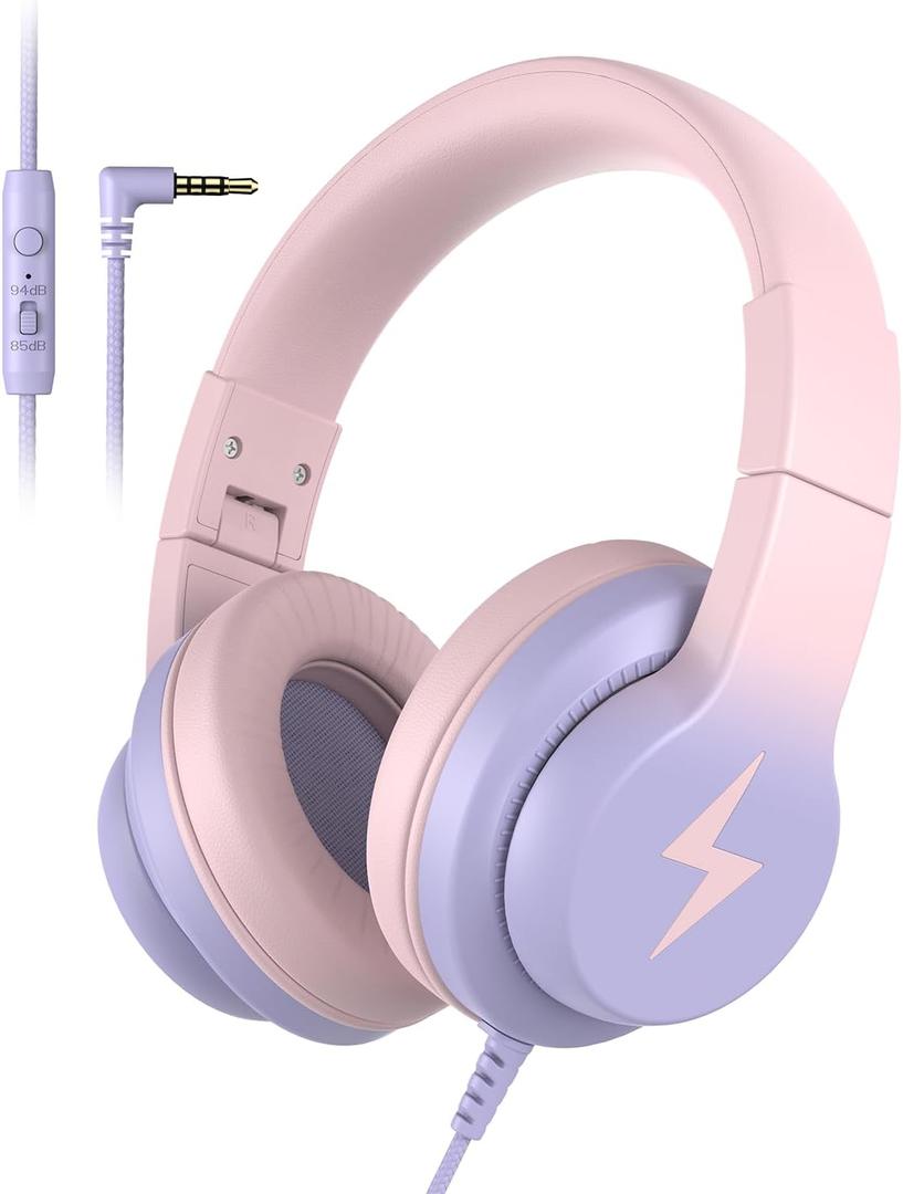Kids Headphones, Wired Headphones for Kids Over Ear with Microphone, 85/94dB Volume Limiter Headphone for Girls Boys, Foldable Headphone for Learning & Entertainment, Gradient Pink